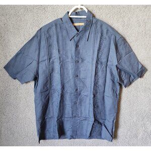 The Havanera Co Blue Embroidered Short Sleeve Button Up Shirt Size L Linen Blend